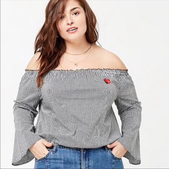 Black and white gingham print off the shoulder top - Picture 2 of 4